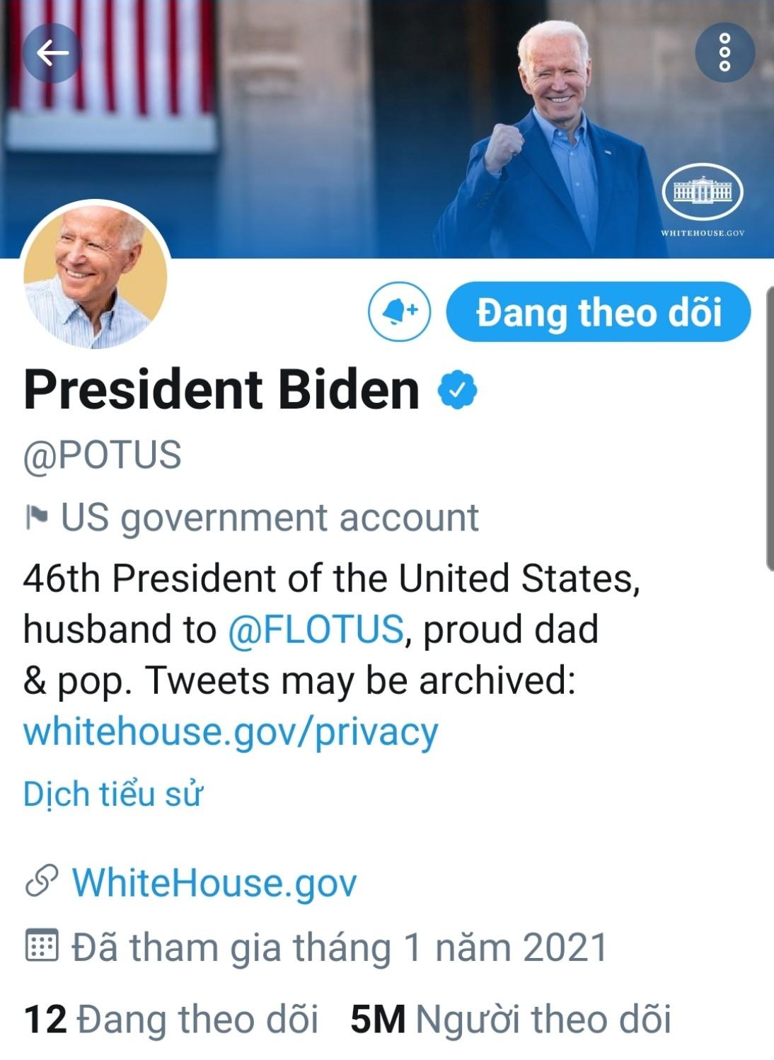 Tổng thống Mỹ Joe Biden tiếp nhận tài khoản Twitter chỉ theo dõi 12 người - Ảnh 1. Tổng thống Mỹ Joe Biden tiếp nhận tài khoản Twitter chỉ theo dõi 12 người - Ảnh 1.