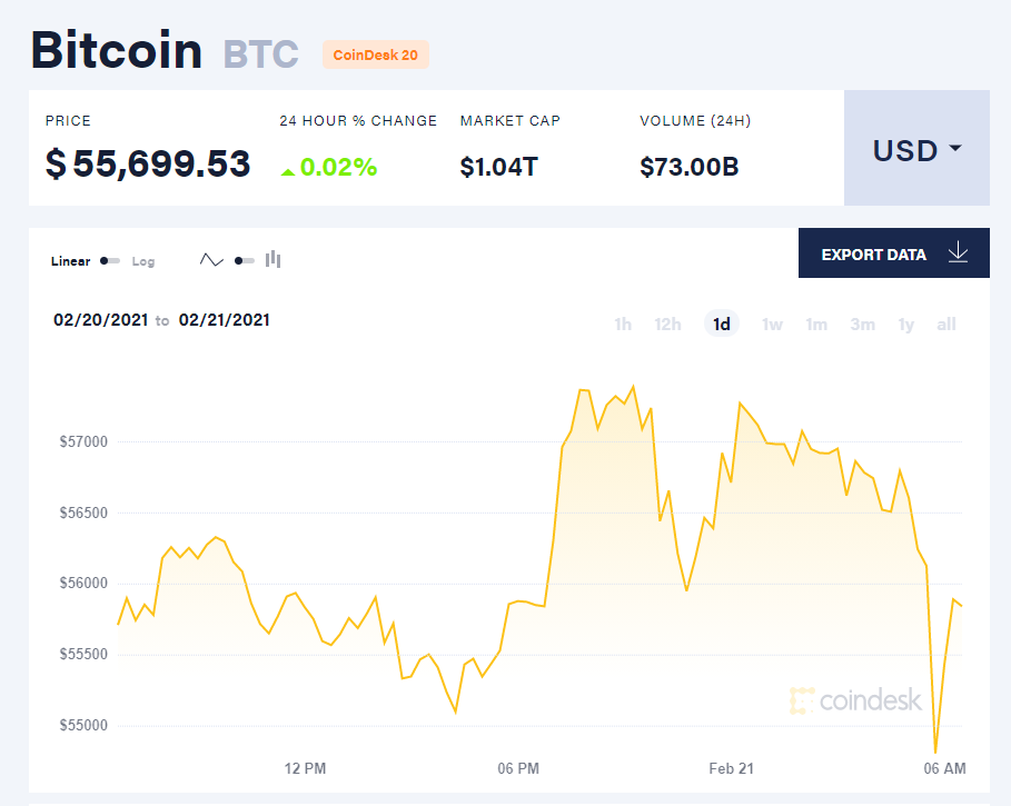 Chỉ số giá bitcoin hôm nay 21/2/21. (Nguồn: CoinDesk). Chỉ số giá bitcoin hôm nay 21/2/21. (Nguồn: CoinDesk).
