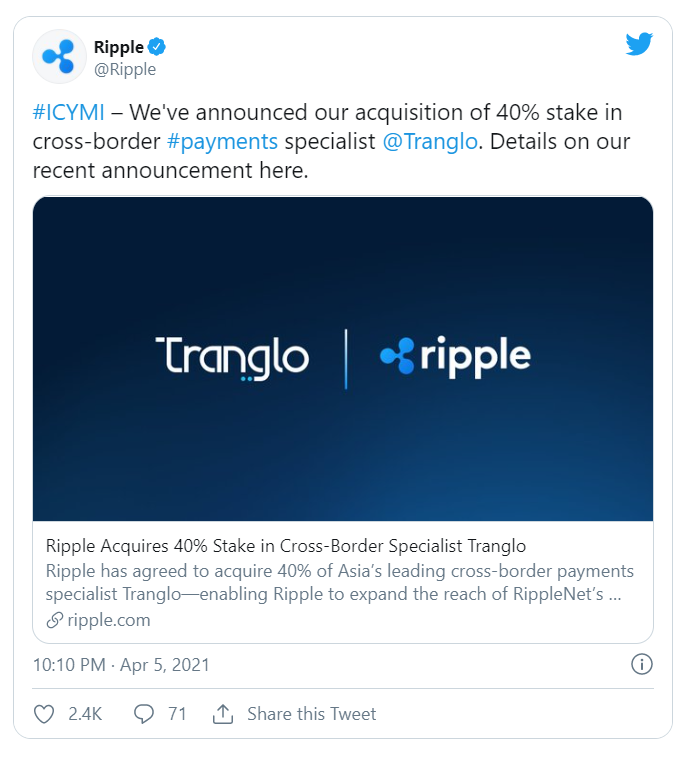 Ripple công bố thương vụ mua lại trên Twitter. (Nguồn: Twitter). Ripple công bố thương vụ mua lại trên Twitter. (Nguồn: Twitter).