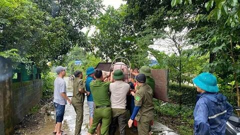 Công an Phú Thọ hỗ trợ người dân chuyển đồ đạc trong mưa lũ