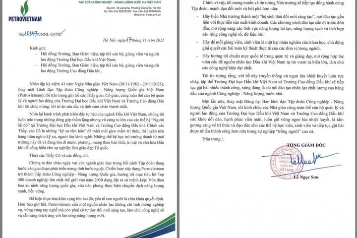 Tổng Giám đốc Petrovietnam Lê Ngọc Sơn gửi thư chúc mừng PVU và PV College nhân Ngày Nhà giáo Việt Nam