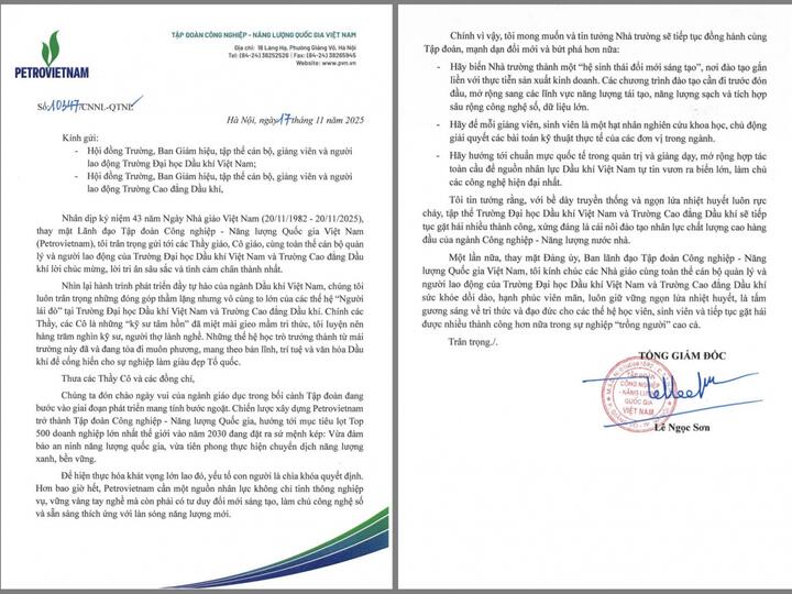 Tổng Giám đốc Petrovietnam Lê Ngọc Sơn gửi thư chúc mừng PVU và PV College nhân Ngày Nhà giáo Việt Nam