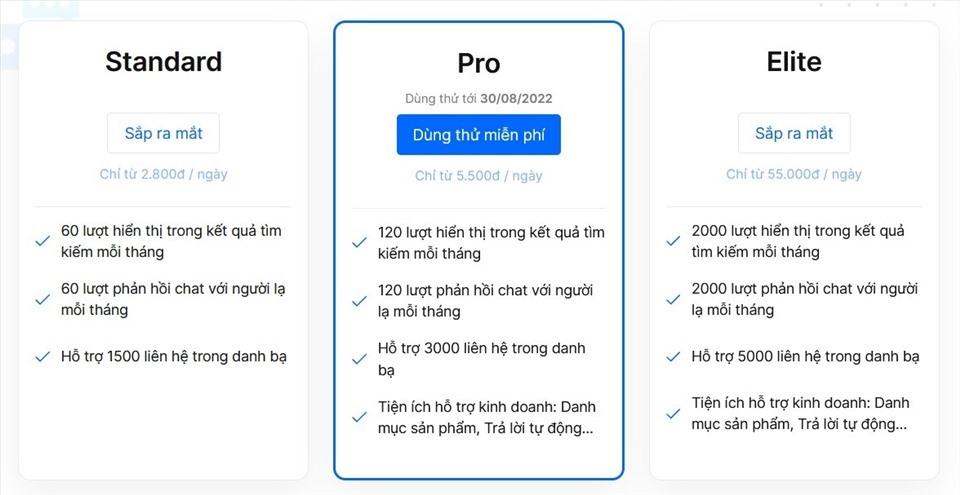 Các gói dịch vụ trả phí do Zalo cung cấp. Ảnh: Chụp màn hình.