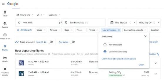 Các chuyến bay có mức phát thải khí nhà kính thấp cũng sẽ được liệt kê. Ảnh: Google