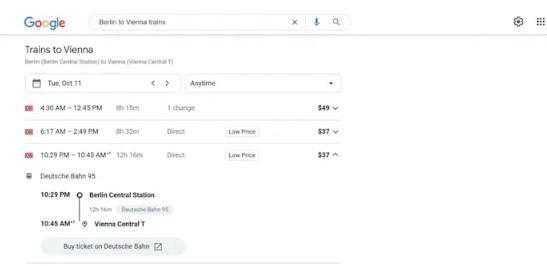 Người dùng có thể mua vé tàu xe dễ dàng trên trang tìm kiếm của Google. Ảnh: Google