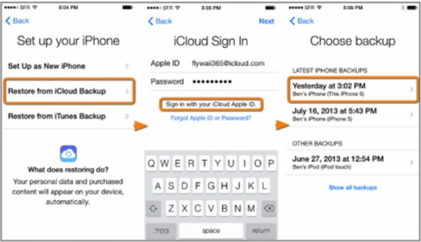 Đăng nhập iCloud trên thiết bị mới và chọn khôi phục từ iCloud Backup. Ảnh chụp màn hình