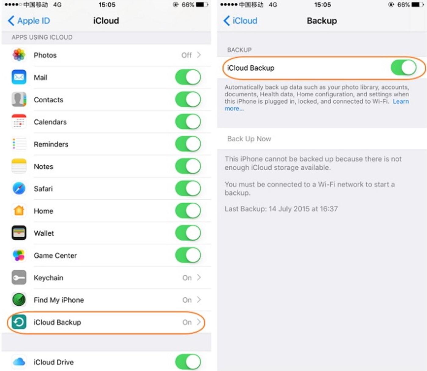 Bật sao lưu iCloud trên iPhone. Ảnh chụp màn hình