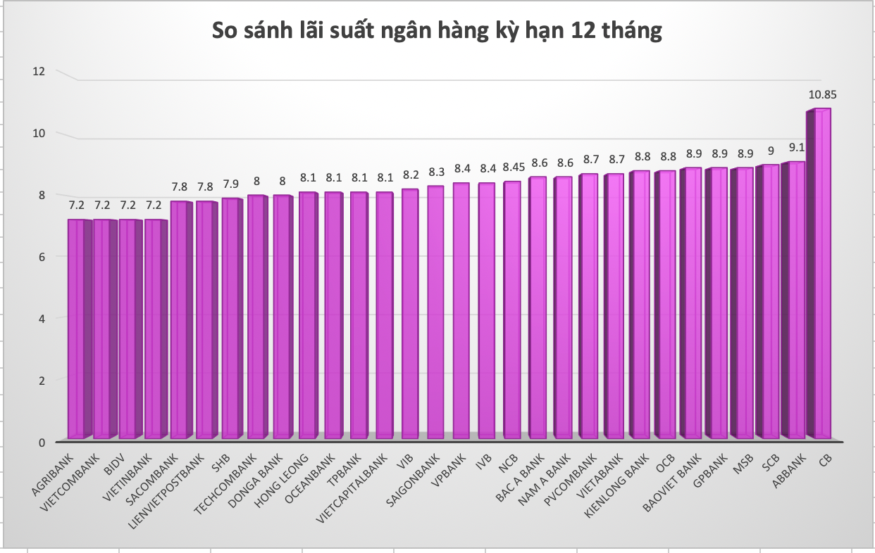 So sánh lãi suất ngân hàng cao nhất ở kỳ hạn 12 tháng. Đồ hoạ Trà My