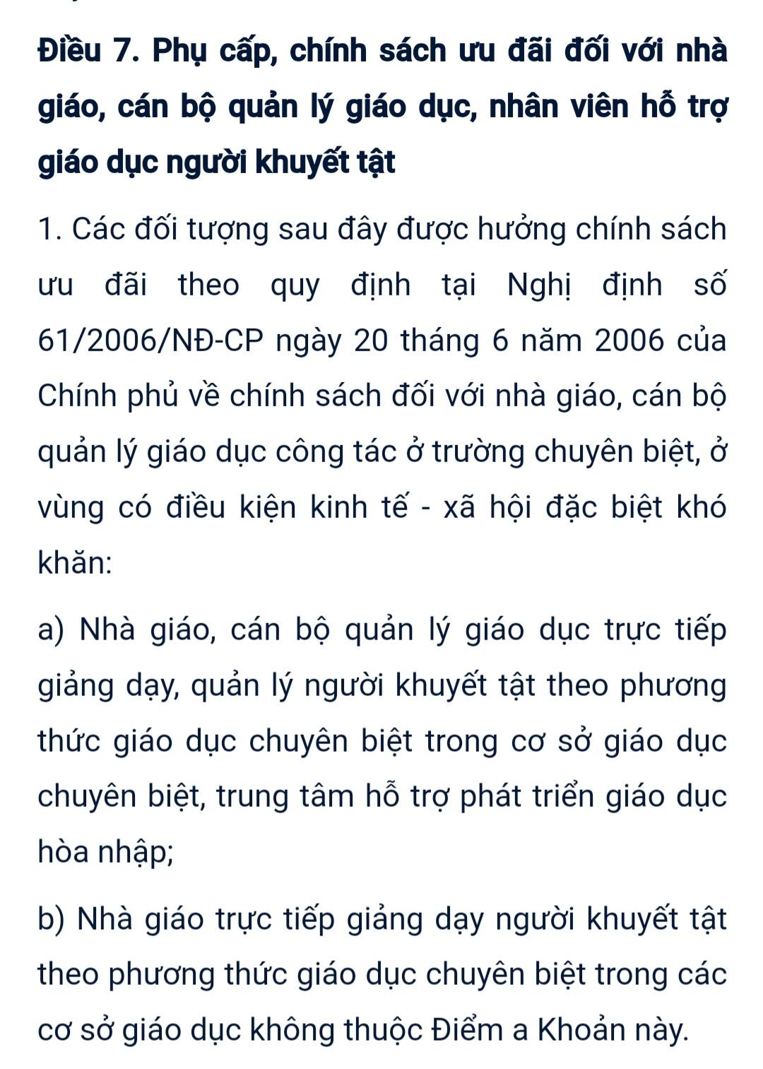 Khoản 1 điều 7 nghị định 28/2012/NĐ-CP quy định chi trả phụ cấp cho giáo viên dạy trẻ khuyết tật. Ảnh: Mai Chi