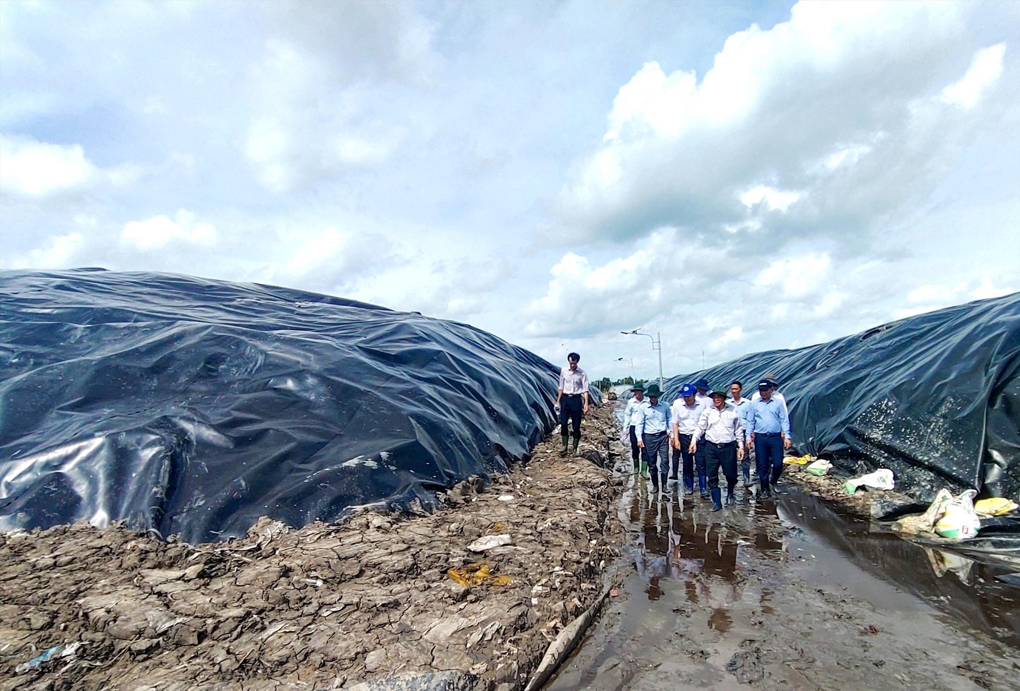 Ông Trần Ngọc Tam - Chủ tịch UBND tỉnh Bến Tre dẫn đầu đoàn công tác của UBND tỉnh Bến Tre kiểm tra công tác khắc phục sự cố môi trường tại bãi rác An Hiệp. Ảnh: Huỳnh Hậu