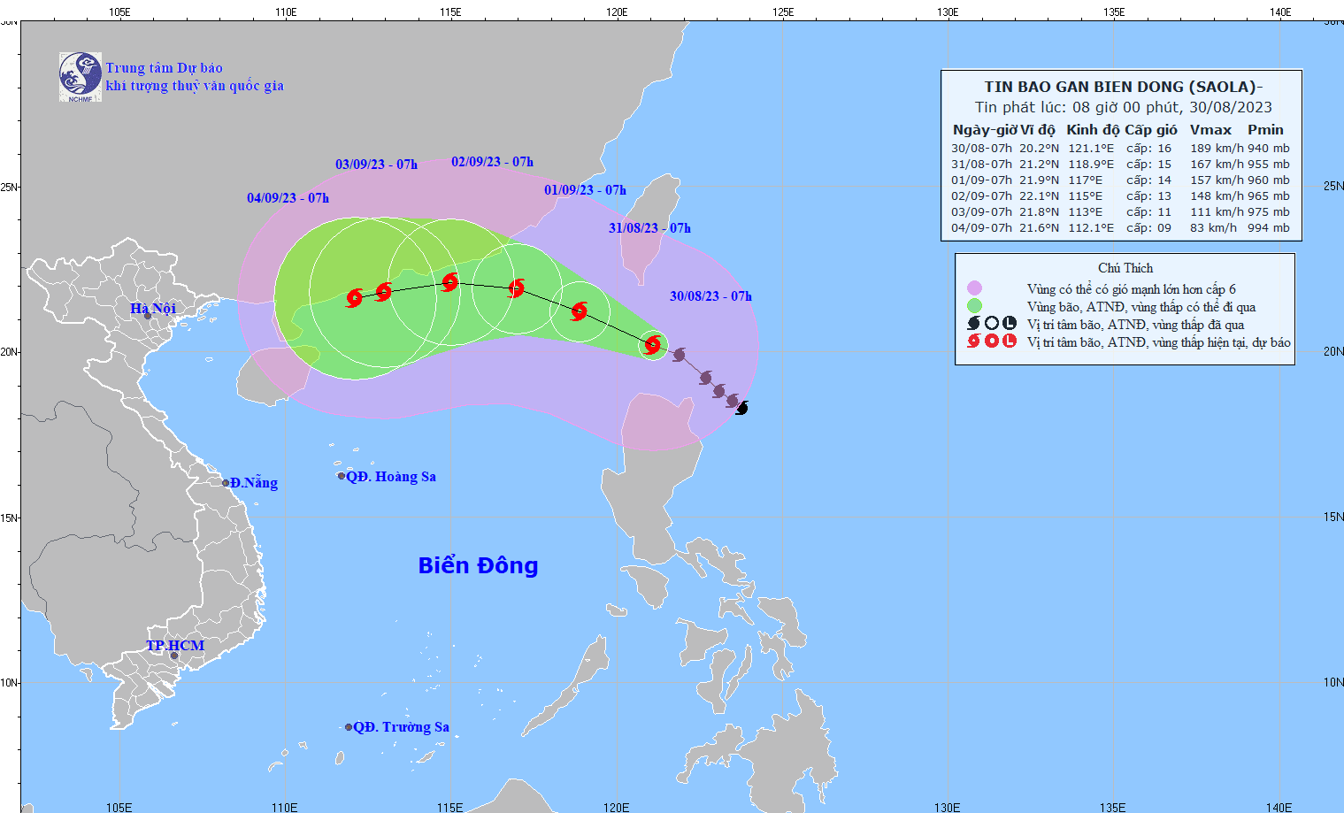 Hình ảnh đường đi của bão Saola lúc 8h ngày 30.8. Nguồn: Trung tâm Dự báo KTTV quốc gia