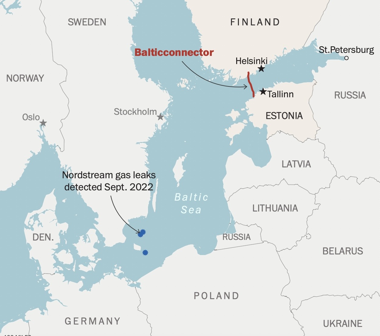 Đường ống dẫn khí Balticconnector (màu đỏ) và các vị trí nổ đường ống Nord Stream (màu xanh). Ảnh chụp màn hình