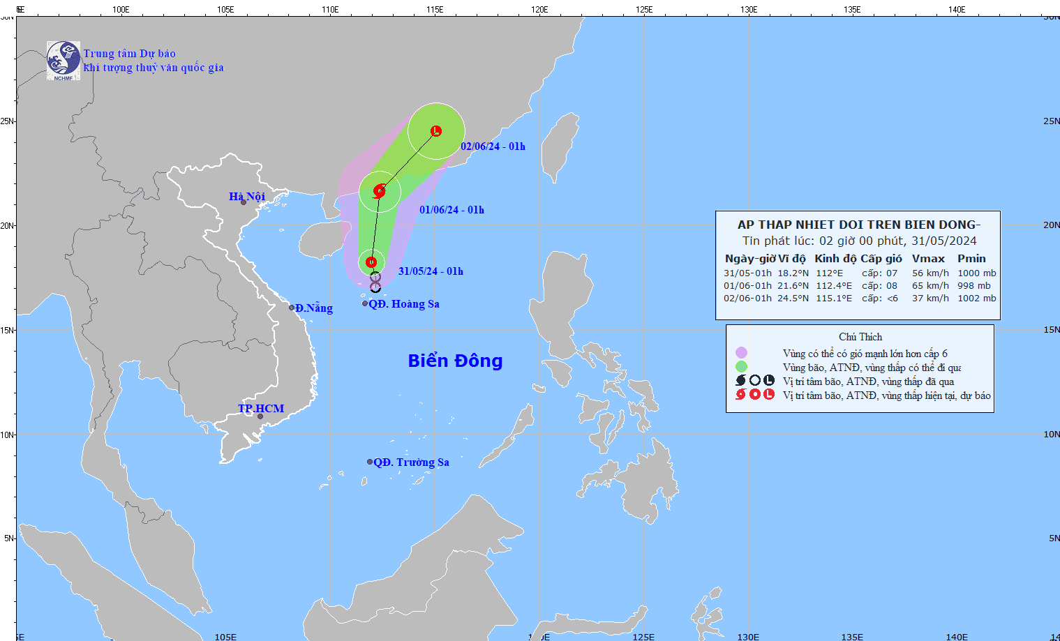 Vị trí và đường đi của áp thấp nhiệt đới. Ảnh: Trung tâm Dự báo Khí tượng Thủy văn Quốc gia Việt Nam
