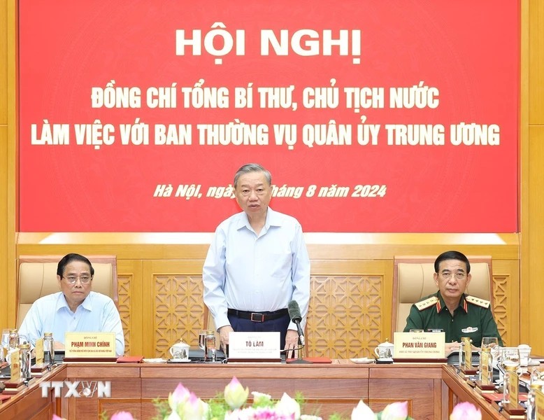 Tổng Bí thư, Chủ tịch nước Tô Lâm, Bí thư Quân ủy Trung ương phát biểu chỉ đạo tại buổi làm việc. Ảnh: Trí Dũng/TTXVN