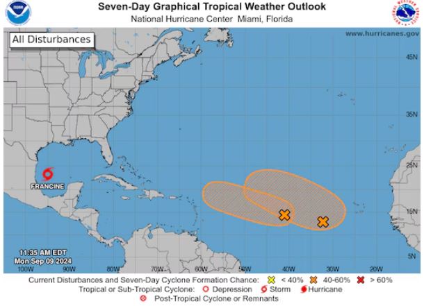 Ngoài  bão số 6 Francine, 2 áp thấp khác có khả năng mạnh lên thành bão đang được theo dõi. Ảnh: NOAA