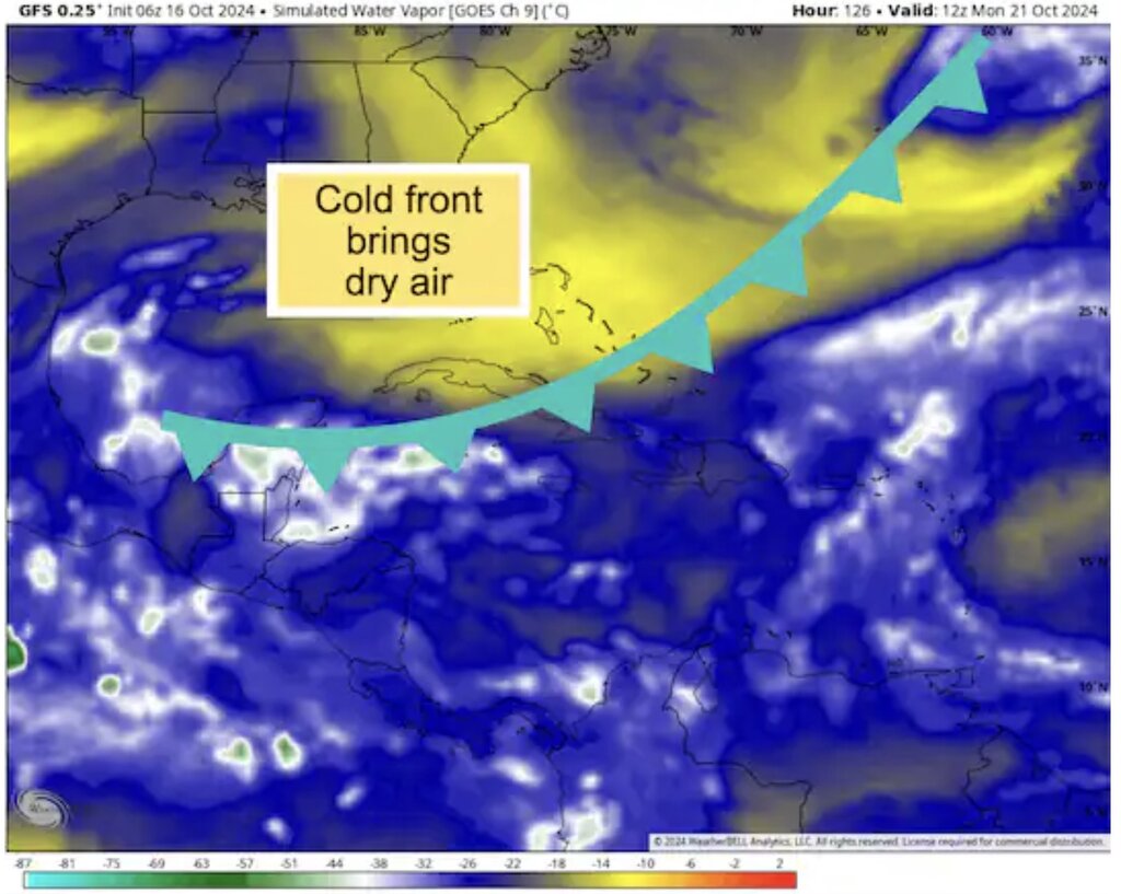 Bão mới sau siêu bão Milton chưa thể hình thành ngay do sự tồn tại của front lạnh. Ảnh: WeatherBell