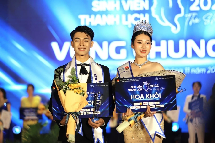 Nam vương Lâm Quốc Dũng – Đại học Bách khoa Hà Nội và Hoa khôi Ngô Thị Trâm Anh – Học viện Phụ nữ Việt Nam – Hai quán quân của cuộc thi Sinh viên Thanh lịch 2024.