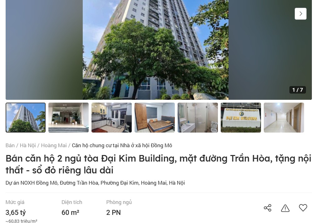 Nhà ở xã hội Đồng Mô (Đại Kim Building) đang được rao bán vượt 60 triệu đồng/m2. Ảnh chụp màn hình