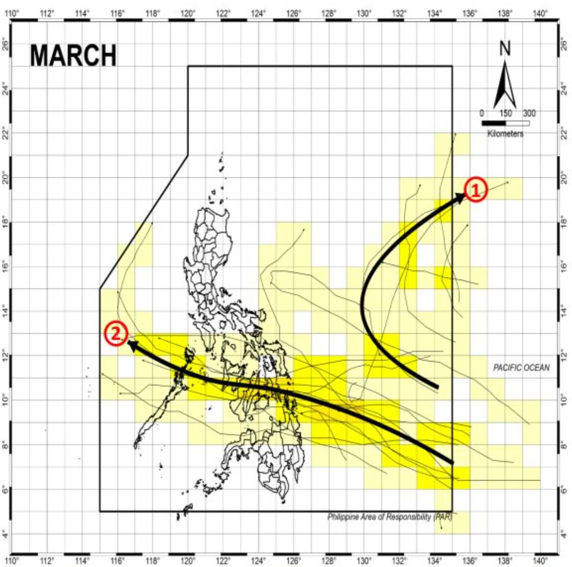 Hai xu hướng hình thành bão trong tháng 3. Ảnh: PAGASA
