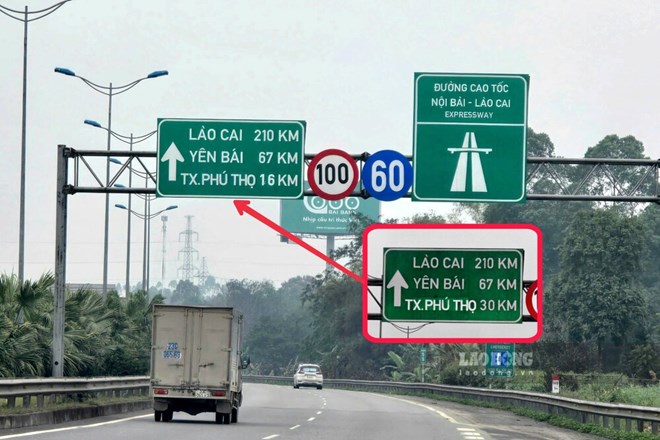Sửa các biển báo trên cao tốc Nội Bài - Lào Cai sau phản ánh
