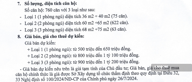 Số căn hộ và giá bán dự kiến. Ảnh: Đinh Đại