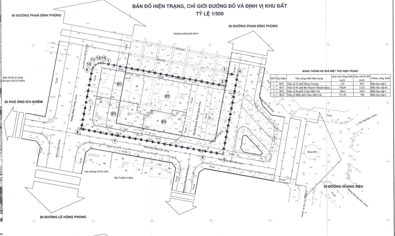 Bản đồ hiện trạng, chỉ giới đường đen đậm và định vị khu đất tỷ lệ 1/500 (Ảnh: BQP).