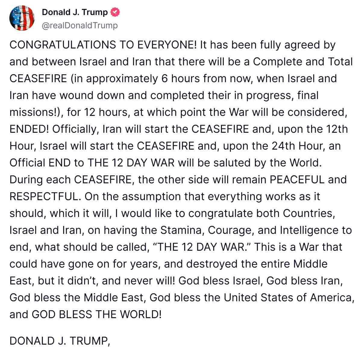 Tuyên bố của ông Trump trên mạng Truth Social về lệnh ngừng bắn giữa Israel và Iran