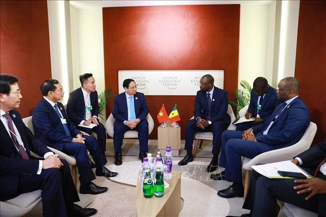 Thủ tướng Phạm Minh Chính gặp Thủ tướng Senegal Ousmane Sonko. (Ảnh: Dương Giang/TTXVN)