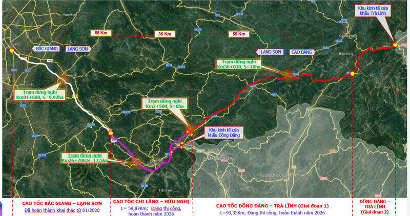Bình đồ tổng thể tuyến cao tốc Bắc Giang - Chi Lăng - Hữu Nghị (Lạng Sơn) - Trà Lĩnh (Cao Bằng). Ảnh: ĐVCC