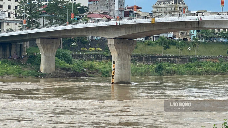 Ghi nhận mực nước sông Hồng tại cầu Cốc Lếu sáng 23.7. Ảnh: Đinh Đại