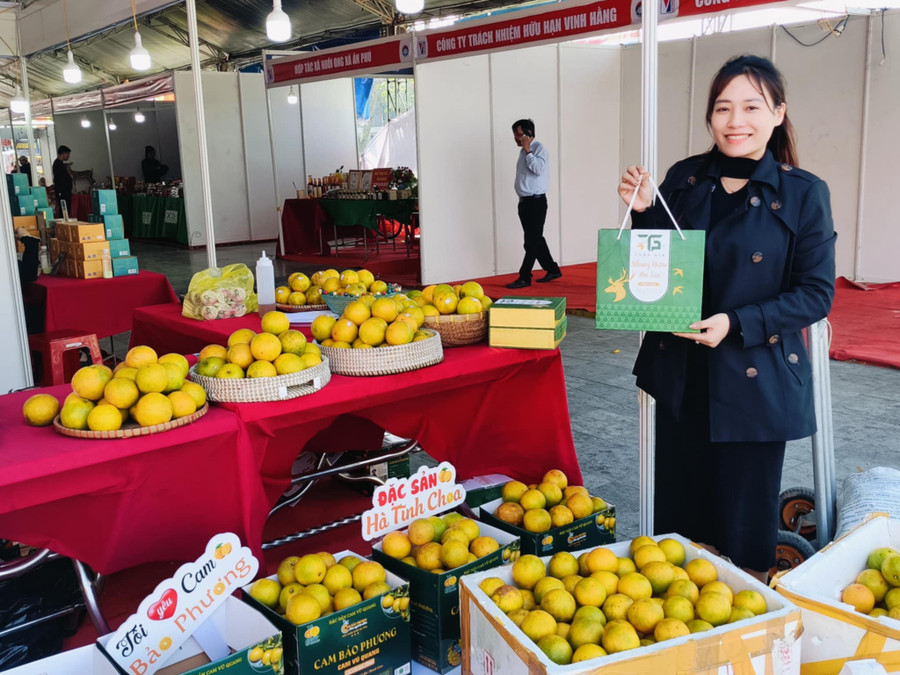 Sản phẩm cam hữu cơ ở Hà Tĩnh được bày bán tại các hội chợ thương mại. (Ảnh: B.P)
