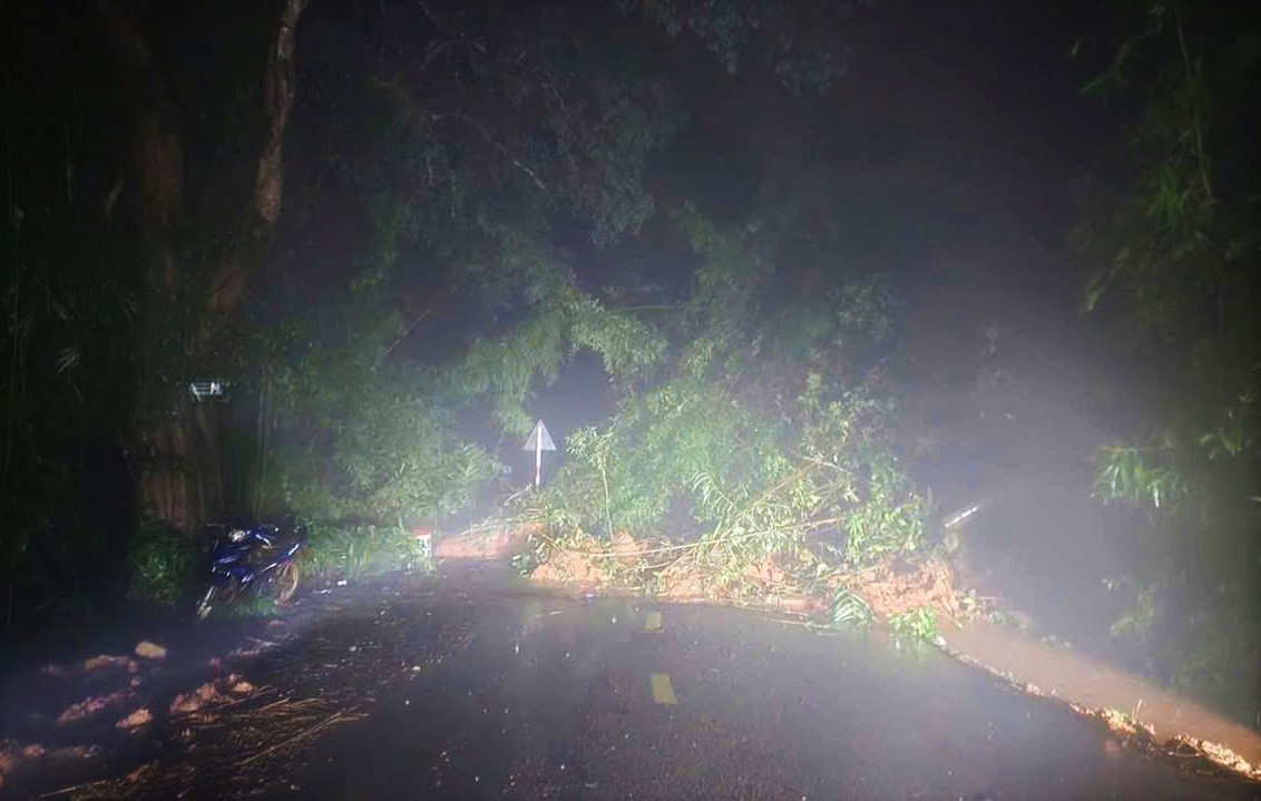 Khối lượng lớn đất, đá sạt lở tràn xuống đường tại Km51 Quốc lộ 28 qua đèo Gia Bắc. Ảnh: Phúc Khánh