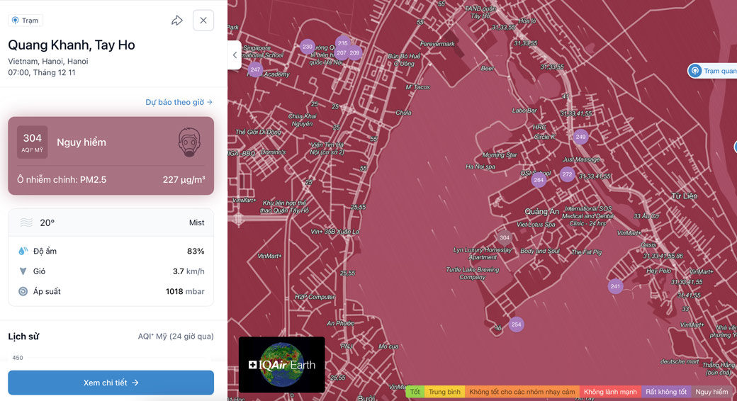 Chỉ số AQI lúc 7h tại trạm Quảng Khánh ở mức tím đậm. Ảnh: IQAir