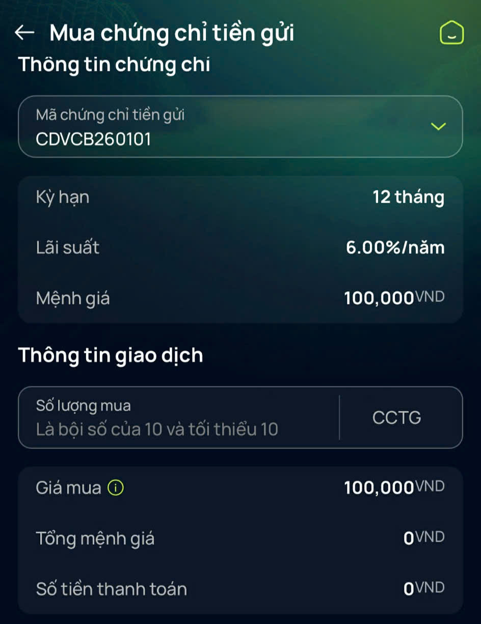 Thông tin sản phẩm chứng chỉ tiền gửi trên ứng dụng VCB Digital.