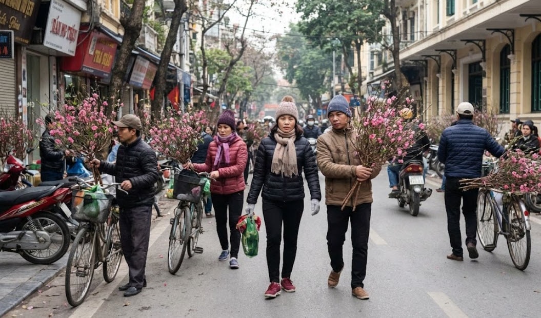 Người dân Hà Nội trong trang phục áo ấm thảnh thơi dạo phố và mua sắm cành đào Tết trong tiết trời tạnh ráo sáng Chủ Nhật 1-2 - Ảnh minh họa