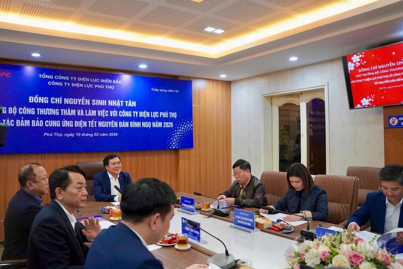 Thứ trưởng Nguyễn Sinh Nhật Tân và đoàn công tác làm việc với Công ty Điện lực Phú Thọ.