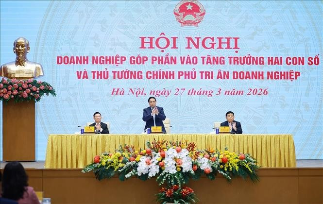 Thủ tướng Phạm Minh Chính chủ trì Hội nghị Doanh nghiệp góp phần vào tăng trưởng hai con số và Thủ tướng Chính phủ tri ân doanh nghiệp. Ảnh: Dương Giang/TTXVN