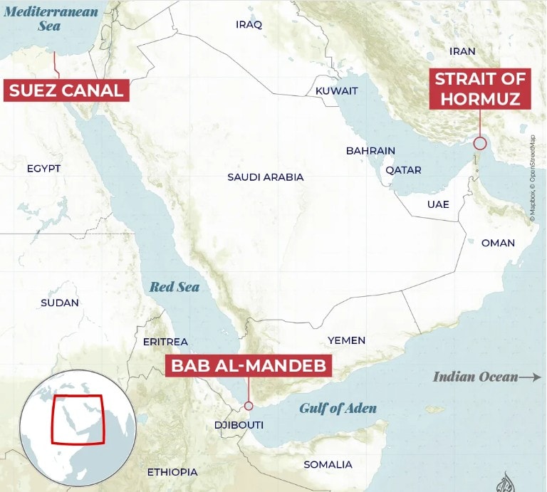 Eo biển Bab al-Mandeb, với chiều rộng chỉ khoảng 26 km ở điểm hẹp nhất, là “yết hầu” không thể thay thế nối liền Biển Đỏ với Vịnh Aden và Ấn Độ Dương. Đồ họa: Al Jazeera
