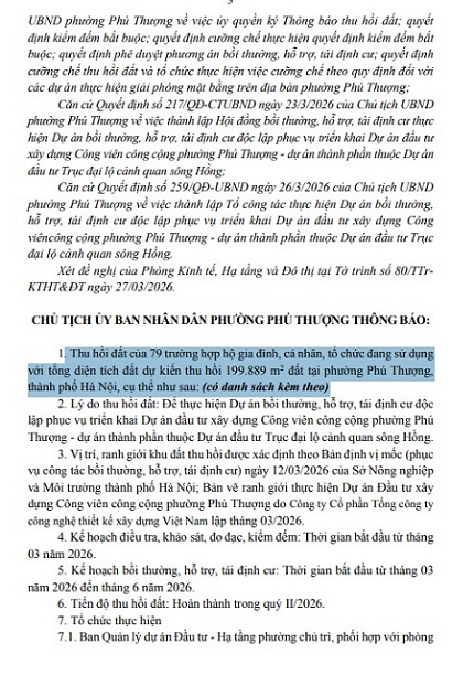 Ngày 27.3.2026, ông Võ Thanh Tùng, Phó Chủ tịch UBND phường Phú Thượng ký Thông báo số 96/TB-UBND về việc thu hồi đất để thực hiện dự án công viên công cộng phường Phú Thượng với tổng diện tích 199.889 m2 (tương đương 20 ha).