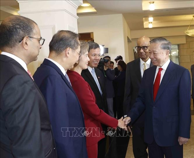 Tổng Bí thư, Chủ tịch nước Tô Lâm với thành viên đoàn đại biểu cấp cao Singapore dự Lễ đón. Ảnh: Thống Nhất/TTXVN