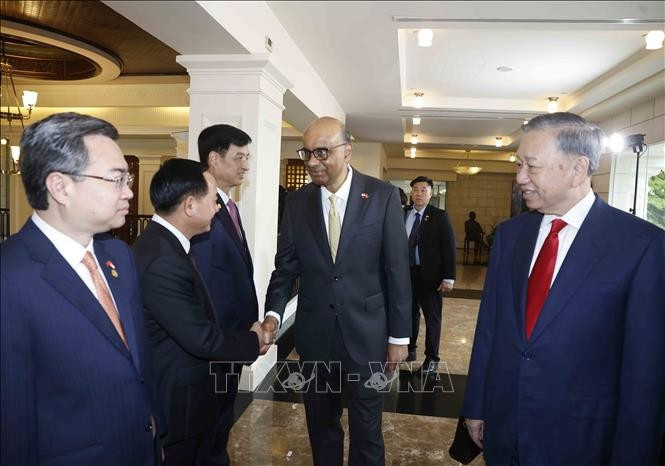 Tổng Bí thư, Chủ tịch nước Tô Lâm giới thiệu với Tổng thống Singapore Tharman Shanmugaratnam thành viên đoàn đại biểu cấp cao Việt Nam dự Lễ đón. Ảnh: Thống Nhất/TTXVN