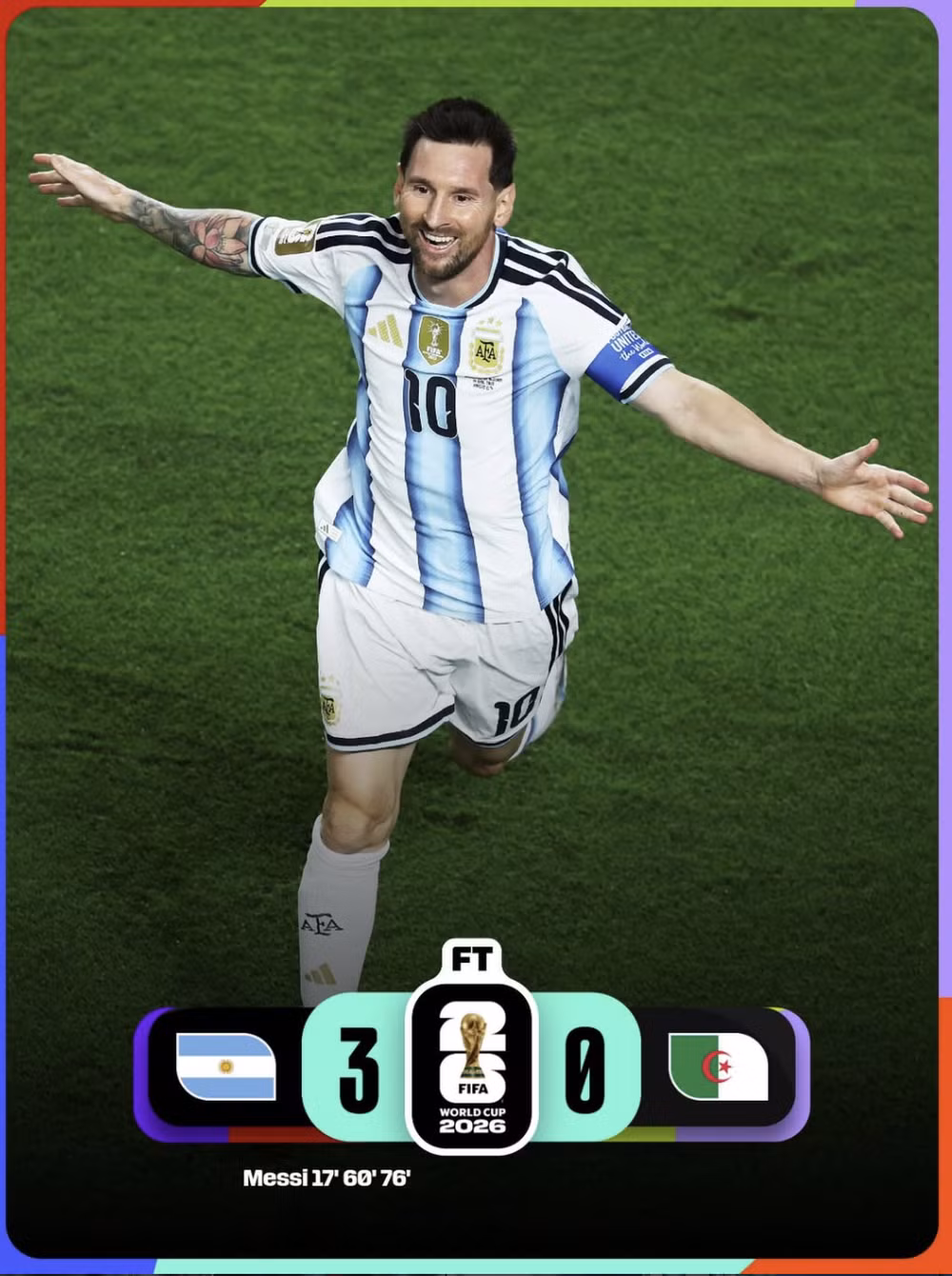 Argentina đại thắng Algeria với cú hat trick của Messi trong ngày ra quân. Ảnh: FIFA World Cup screenshot-697.png