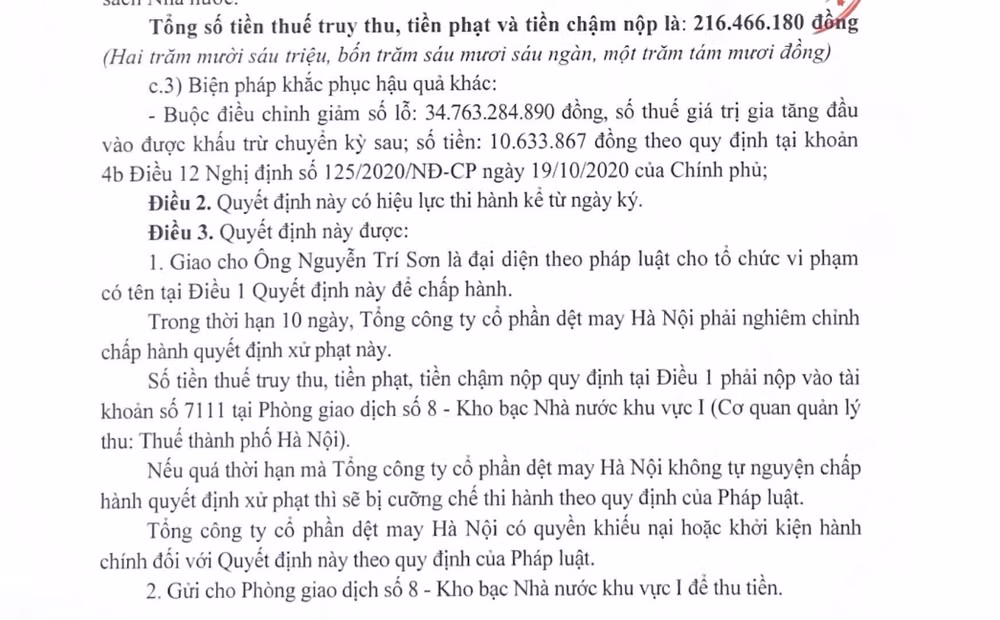 Quyết định xử phạt và biện pháp khắc phục hậu quả đối với HSM. Ảnh: Thuế TP. Hà Nội. screenshot-2026-07-14-073002.png