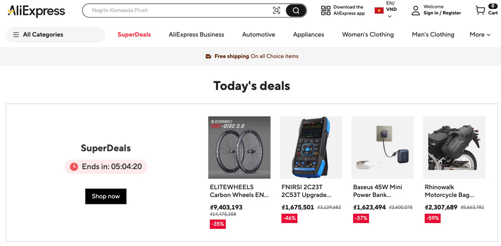 Giao diện trang chủ AliExpress. Ảnh chụp màn hình. screenshot-2026-07-21-at-085540.jpg