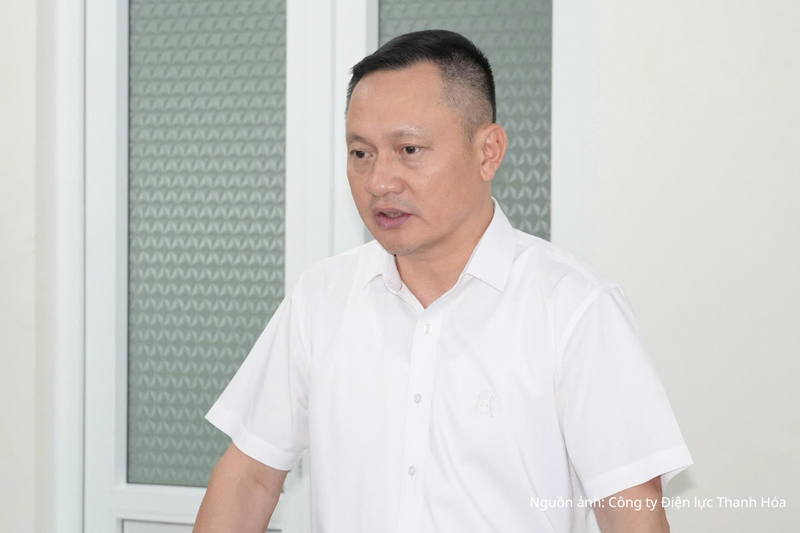 Ông Hoàng Hải - Giám đốc Công ty Điện lực Thanh Hóa phát biểu tại buổi làm việc, đề xuất các giải pháp nhằm thúc đẩy phát triển điện mặt trời mái nhà tự sản xuất, tự tiêu thụ trên địa bàn tỉnh.