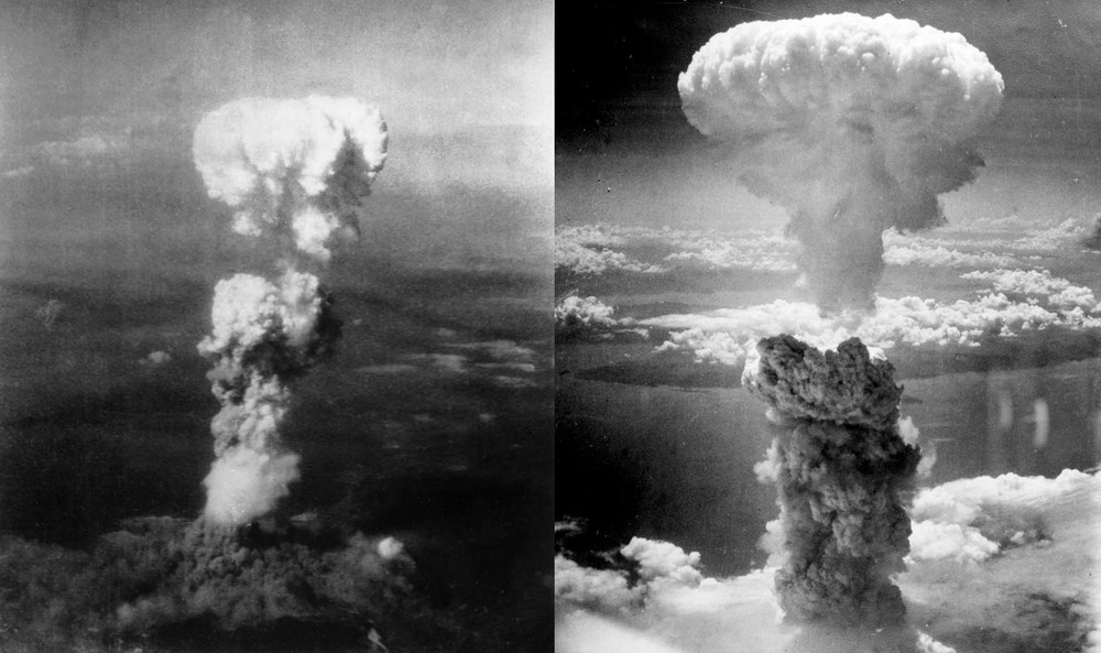 Hai quả bom nguyên tử ném xuống Hiroshima (bên trái) và Nagasaki (bên phải) vào các ngày 6 và 9/8/1945. Ảnh: Wikipedia anh-1.jpg