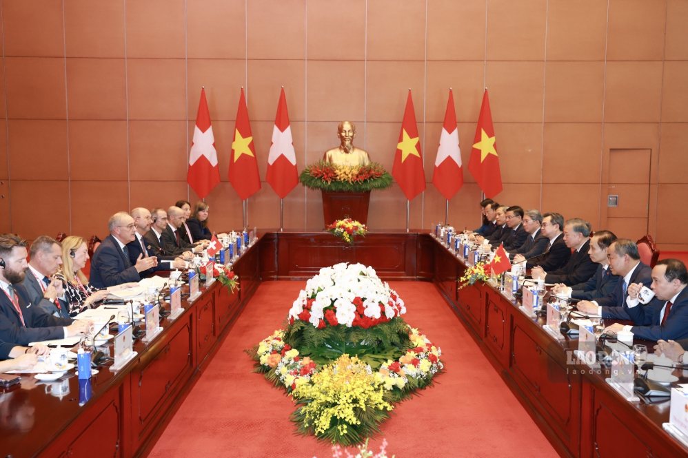 Tổng Bí thư, Chủ tịch nước Tô Lâm hội đàm với Tổng thống Liên bang Thụy Sĩ Guy Parmelin. Ảnh: Hải Nguyễn