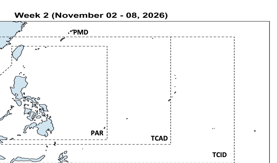 PAGASA dự báo bão In-fa trong tuần 26.10-1.11 và nguy cơ hình thành xoáy thuận nhiệt đới trong tuần 2-8.11. Ảnh: PAGASA